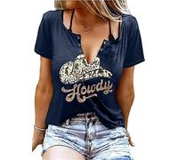 QIANRUO V-Neck Howdy Tshirt Women Western Country Cowboy Shirts Vintage Rodeo Cowgirl Tee Tops Leopard Honey Hat T-Shirt, Blue, S