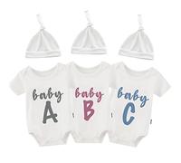 QIANWANYI Baby Triplets Bodysuits Clothes Funny Letter Outfit Funny Infant Twins Cute Hat - white - 0-3 Months