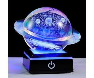 QIANWEI 3D Solar System Galaxy Crystal Ball with LED Colorful Lighting Touch Base, Saturn Shape Solar System Model Decor Science Astronomy Gifts God Bless The World Easter Religious Space Gifts Decor