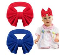 Qianyu 2 Pcs Baby Girls Red Hair Bow Headbands Stretchy Soft Wide Baby Blue Bow CottonTurban Non-slip Elastic Breathable Hairbands for Newborns Toddlers Kids Headdress Photography Props Accessories