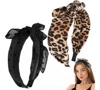 Qianyu 2 Pcs Bow Headbands Big Wide Bowknot Hair Hoop Non-Slip Twist Knot Head Bands Leopard Ribbon Bow Hair Accessories for Women Girls Hair Turban Headpiece Decoration