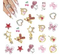Qianyu 24PCS Nail Art Rhinestone Charms Y2k Alloy 3D Butterflies Heart Cherry Star Big Nails Gems Cute Crystal Diamond Acrylic Accessories for Women Girl Face Makeup DIY Crafts Jewelry