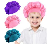 Qianyu 3 Pcs Satin Kids Silk Bonnet Children Sleeping Hat Elastic Wide Band Night Sleep Cap Soft Hair Care Wrap for Overnight Children Natural Long Short Hair
