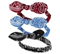 Qianyu 3Pcs Elastic Paisley Bandanas Rabbit Ears Headbands Adjustable Headwraps Retro Turban Cute Knot Hair Accessories Bow Hair Tie for Women Girl Party Prom Yoga (red+black+sky blue, one size)