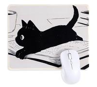 Qianyu Black Cat Mouse Pad Cute Anime Mousepad Funny Square Mouse Mat Kawaii Desk Accessories with Stitched Edges Non-Slip Rubber Base for Wireless Mouse Computer Laptop Office Desktop Decor