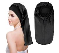 Qianyu Long Bonnet Satin Silk Braid Bonnet with Stretchy Band Tie Extra Large Black Silk Soft Sleep Cap for Sleeping Black Women Men Braids Long Curly Hair Dreadlocks