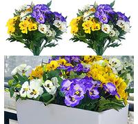 QIANYUN Outdoor Artificial Flowers UV Resistant Artificial Pansies Fake Plastic Flower Bulk Fake Outdoor Plants (6, White Yellow Purple)