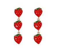 QIAOLEHUI Funny Three Layers Long Strawberry Dangle Drop Earrings for Women Sweet Cute Red Enamel Fruit Strawberry Earring Summer Jewelry, L, Alloy Steel, No Gemstone