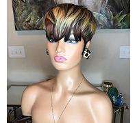 QiaQiaRing 1B/4/27 Pixie Wigs for Black Women Short Brazilian Human Hair Wigs with Bangs Black Mixed Brown and Blonde 150% Density No Glue