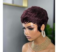 QiaQiaRing Pixie Cut Human Hair Wigs Short Wigs for Black Women Short Layered Pixie Wig With Bangs Glueless Full Machine Made Dark 99J Color for Daily Use Easy to Wear and Go Wig (Burgundy)