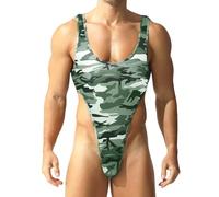 QiaTi Men’s Camouflage Bodysuit Thong Sleeveless Wrestling Singlet with Deep U-Back Stretchy Jockstrap Leotard for Men