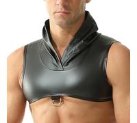 QiaTi Men's Faux Leather Hooded Crop Top Black Sleeveless Tank Tops Rave Open Back Halter Corset Top for Men