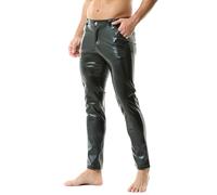 QiaTi Men's Faux Leather Pants Casual Stretch PU Leather Straight Leg Slim Fit Trousers Long Pant for Motorcycle Night Club