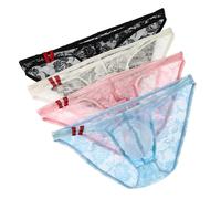QiaTi Pack of 4 Men's Sexy Sheer Lace G-Strings Thongs Underwear Low Rise Briefs Breathable Floral Lace See-through Bikini Underpants for Men