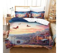 QIAVXZIP 3D Cityscape Architecture Soft Printed Bedding Set 3 Pieces Duvet Cover Soft Microfiber with Pillowcases For Kids Teens Boys Zipper Closure Single（140x200cm）