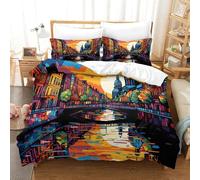 QIAVXZIP 3D Cityscape Architecture Soft Printed Bedding Set 3 Pieces Quilt Set Microfiber with Pillowcases For Kids Teens Boys Zipper Closure Super King（260x220cm）