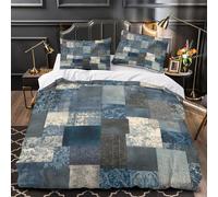 QIAVXZIP Blue patchwork 3D Print 3 Piece Set Duvet Cover Vintage textile design Quilt Cover 3D Printed Silky Soft Microfiber Invisible Zipper for Boys Girls Adults Super king（260x220cm）
