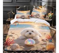 QIAVXZIP Cute puppy beach 3D Printed 3-Piece Comforter Cover Sunset seaside scene Bed Cover Set Microfiber Concealed Zipper Anti Allergy for Kids Teens Women Men Single (135x200cm)