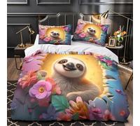 QIAVXZIP Cute sloth smiling 3D Printed 3 PCS Bed Cover cartoon floral frame Duvet Cover Set Silky Soft Breathable Microfiber Zippered Closure for Kids Teens Boys Girls King（220x240cm）