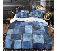 QIAVXZIP Denim patchwork design 3D Printed 3 PCS Quilt Cover Blue textile pattern style Duvet Cover Set 3D Print Super Soft Microfiber Zippered Closure for Kids Teens Women Men Single (135x200cm)