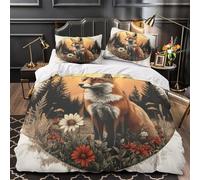 QIAVXZIP Fox in forest 3D Printed 3 Piece Comforter Cover Wildlife illustration style Quilt Cover Set Microfiber Hidden Zipper Plush Breathable for Kids Teens Boys Girls Single（140x200cm）