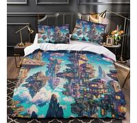 QIAVXZIP Futuristic cityscape 3D Print 3 Piece Quilt Cover Sci-fi floating architecture Comforter Cover Set 3D Printed Breathable Microfiber Hidden Zipper for Teens Young Adults Double（200x200cm）