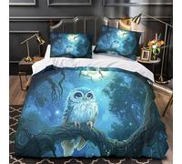 QIAVXZIP Night owl perched 3D Printed 3-Piece Duvet Cover Fantasy forest scene Bed Cover Set Silky Soft Breathable Microfiber Concealed Zipper for Toddlers Kids Teens Young Adults Double（200x200cm）
