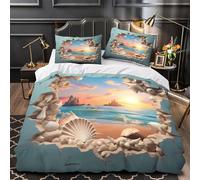 QIAVXZIP Seashell frame 3D Print 3-Piece Duvet Cover Beach sunset scene Bed Cover Set Silky Soft Microfiber Concealed Zipper for Toddlers Kids Teens Boys Girls Super king（260x220cm）