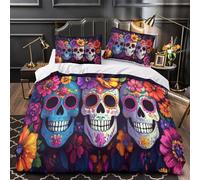 QIAVXZIP sugar skulls 3D Print 3-Piece Quilt Cover colorful floral design Bed Cover Set Plush Microfiber Concealed Zipper Non-Allergenic for Toddlers Kids Seniors Super king（260x220cm）
