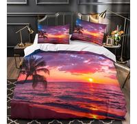 QIAVXZIP Sunset beach scene 3D Print 3 Piece Comforter Cover Tropical sunset style Quilt Cover Set Soft Microfiber Hidden Zipper for Kids Teens Boys Girls Young Adults Single（140x200cm）