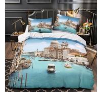 QIAVXZIP Venice canal scene 3D Printed 3 Piece Set Bed Cover Italian architecture style Duvet Cover Soft Microfiber Invisible Zipper Anti-Fungal for Kids Teens Boys Girls Men Women Single（140x200cm）