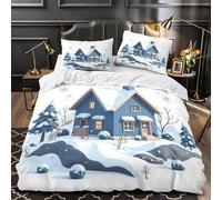 QIAVXZIP Winter cottage 3D Print 3 Piece Quilt Cover Scandinavian style illustration Comforter Cover Set Anti-Bacterial Microfiber Hidden Zipper for Teens Young Adults Seniors Super king（260x220cm）