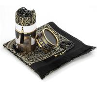 Qibla Muslim Prayer Rug with Prayer Beads Gift Set in Elegant Cylinder Box | Janamaz Sajadah | Soft Taffeta Islamic Prayer Mat | Islamic Gifts for Men & Women | Black WAAW