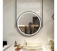 QICBYING Ceiling-mounted Mirrors With Light For Bathroom, Ceiling Hanging Mirror With LED Light, 3 Colors Dimmable Light, Black Round Hanging Rod Mirror, For Bathroom, Bedroom