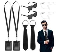 Qichan 8 Pcs Men in Black Costume Accessories, Agent Costume Accessory with Tie, Sunglasses, Card Holder, Headphones, Secret Agent Accessories, Man in Black Kostüm for Adults Cosplay