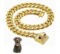 QICHENMAO Gold Chain Dog Collars 15MM Stainless Steel Cuban Link Chain Collar with Secure Buckle Design, Metal Walking Training Collars, Chew Proof, Suitable for Small Medium Large Dogs (Gold,14'')