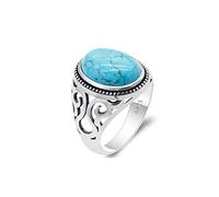 Qida Vintage Turquoise Rings for Men - Solid 925 Sterling Silver Retro Turquoise Wedding Jewelry Bands Rings- Hollow Bohemia Engagement Party Band Rings, 925 Sterling Silver,Gemstone,Silver, Agate