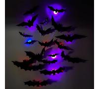 Qidures 12pcs 3D Bat Design LED Decoration - LED Halloween 3DBat Decorative Wall Stickers, Black Realistic 3D Luminous Bat Wall Sticker, Lighted Spider Stickers Decor For Halloween Party Decoration