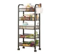Qiebenav Fruit Vegetable Storage Basket, 5 Tier Stackable Metal Mesh Storage Trolley Cart with 360 Degree Wheels, 2 Hanging Boxes, Mobile Shelving Organizer Bins for Kitchen, Bathroom,Laundry 5