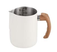 Qiebenav Milk Frothing Jug,600/1000ml Milk Frothing Pitcher,Stainless Steel Wooden Handle Dripless Spout Milk Bubbler for Latte Coffee Espresso Cappuccino Professional Grade Kitchen Tool 600ML White
