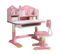 Qiebenav Premium Kids Study Desk Chair Set, Height Adjustable Children School Study Table Chair Set, Ergonomic Desk Chair with Large Writing Board, Bookshelf and Drawer Pink-Yellow