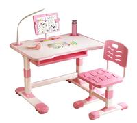 Qiebenav Premium Kids Study Desk Chair Set, Height Adjustable Children School Study Table Chair Set, Ergonomic Desk Chair with Large Writing Board, Bookshelf and Drawer Pink-LED Light