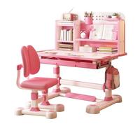 Qiebenav Premium Kids Study Desk Chair Set, Height Adjustable Children School Study Table Chair Set, Ergonomic Desk Chair with Large Writing Board, Bookshelf and Drawer Pink-Tilt Correction