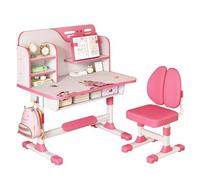 Qiebenav Premium Kids Study Desk Chair Set, Height Adjustable Children School Study Table Chair Set, Ergonomic Desk Chair with Large Writing Board, Bookshelf and Drawer Pink-Reading Rack