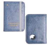 QIELIZI Passport Holder with Airtag Slot, Airtag Passport Wallet for Men Women, Slim Leather Passport Holder Case Family for Travel Anti-Lost, 1-Grey Blue, 1Pcs
