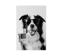 QIENAZIO Border Collie Drinking Whiskey Black And White, Funny Dog, Bar Cart Canvas Poster Wall Art Bedroom Office Kitchen Decor Gifts 12x18inch(30x45cm)