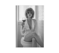 QIENAZIO Girl Holding Wine on Toilet, Funny Bathroom in Black And White, Retro Feminism Canvas Modern Poster Wall Art Decor Prints Paintings Living Room Bedroom Decor 20x30inch(50x75cm)