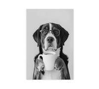 QIENAZIO Greater Swiss Mountain Dog And Coffee, Black And White Dogs Canvas Art Wall Decor Posters Home Bar Restaurant Garage Cafe Logo Gifts 12x18inch(30x45cm)