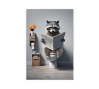 QIENAZIO Photo of Raccoon Reading A Newspaper on The Toilet, Funny Bathroom Canvas Poster Wall Art Bedroom Office Kitchen Decor Gifts 24x36inch(60x90cm)