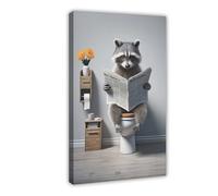 QIENAZIO Photo of Raccoon Reading A Newspaper on The Toilet, Funny Bathroom Canvas Poster Wall Art Bedroom Office Kitchen Decor Gifts 12x18inch(30x45cm)